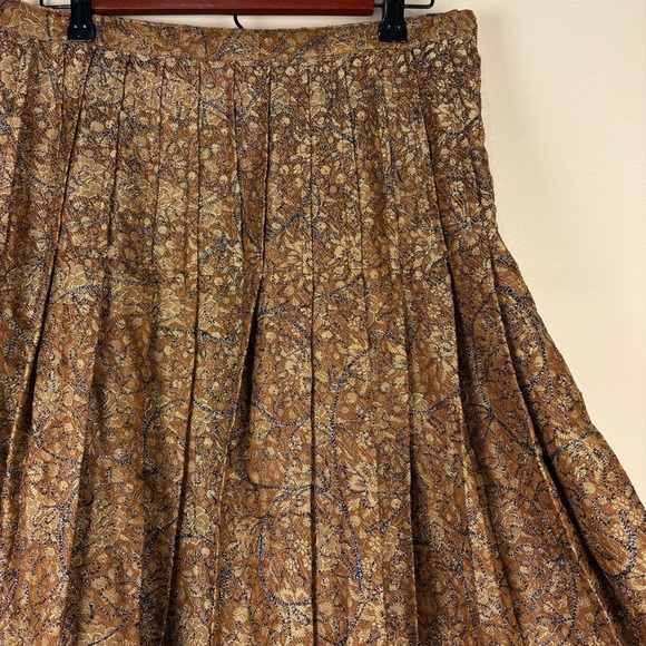 Vintage Gold Brocade Floral Midi Skirt Pleated Sheer Black Trim - Picture 3 of 7